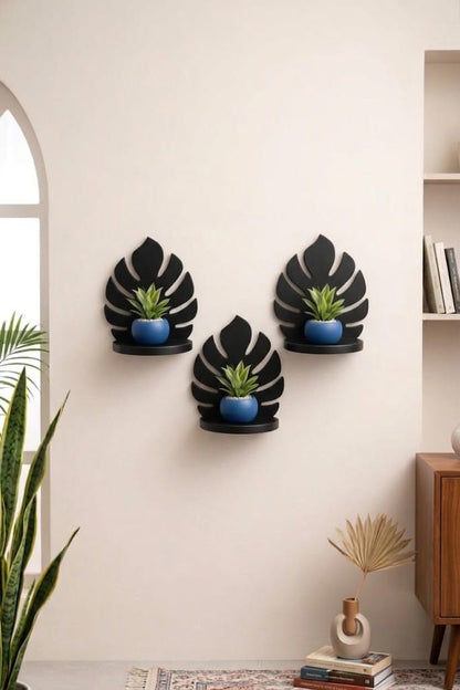 Modern Monstera Leaf Wall Shelf (10 x 12 Inch) - Decorative CNC Cut Floating Wall Decor Shelf in Black