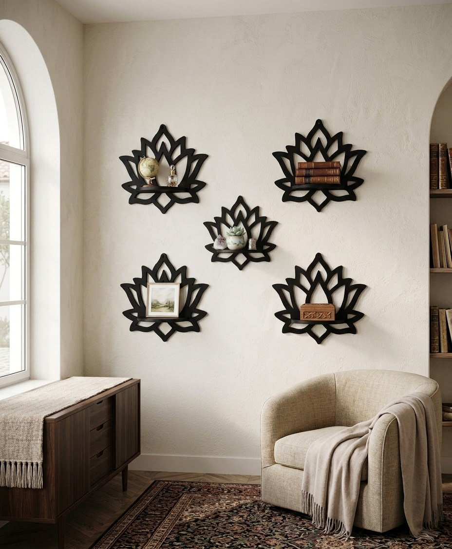 CNC-Cut Decorative Lotus Shelf - Available in Black & White - Single Piece - 10 x 12 Inch