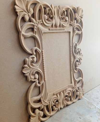 RAW MDF 3D Carved Mirror Frame (18" x 24") thickness (16mm)- Stylish Wall Decor | Raw Unpainted without mirror