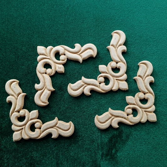 Set of 4 Unpainted MDF Wooden Corner Appliques - 7x7 Inch Floral Carved Onlay Frame Decor