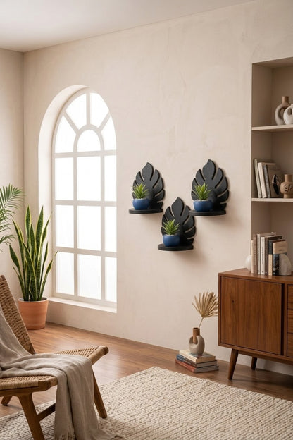 Modern Monstera Leaf Wall Shelf (10 x 12 Inch) - Decorative CNC Cut Floating Wall Decor Shelf in Black