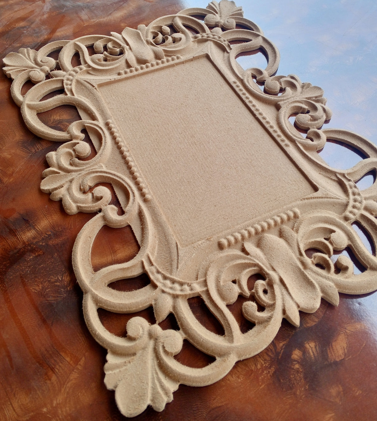 RAW MDF 3D Carved Mirror Frame (18" x 24") thickness (16mm)- Stylish Wall Decor | Raw Unpainted without mirror