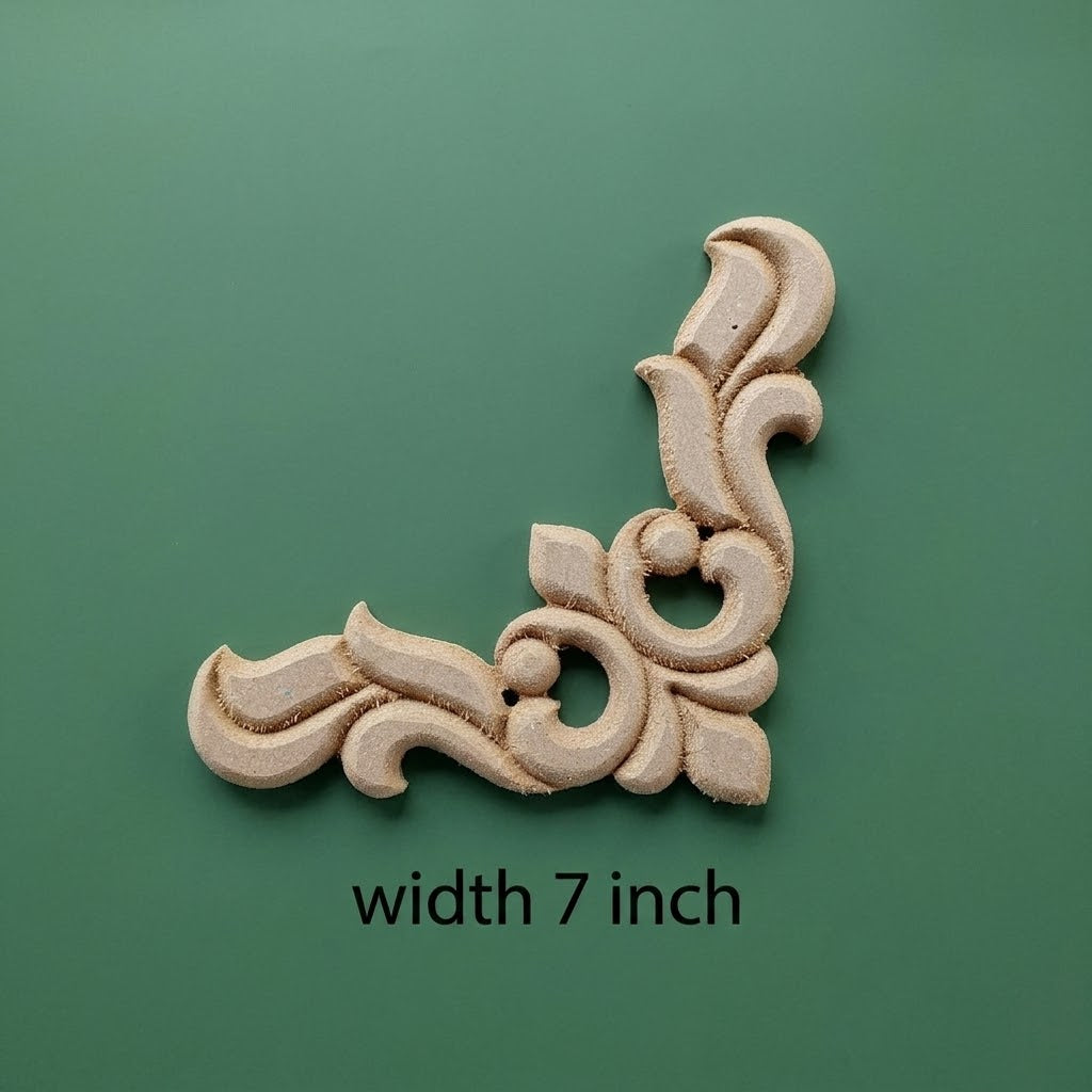 Set of 4 Unpainted MDF Wooden Corner Appliques - 7x7 Inch Floral Carved Onlay Frame Decor