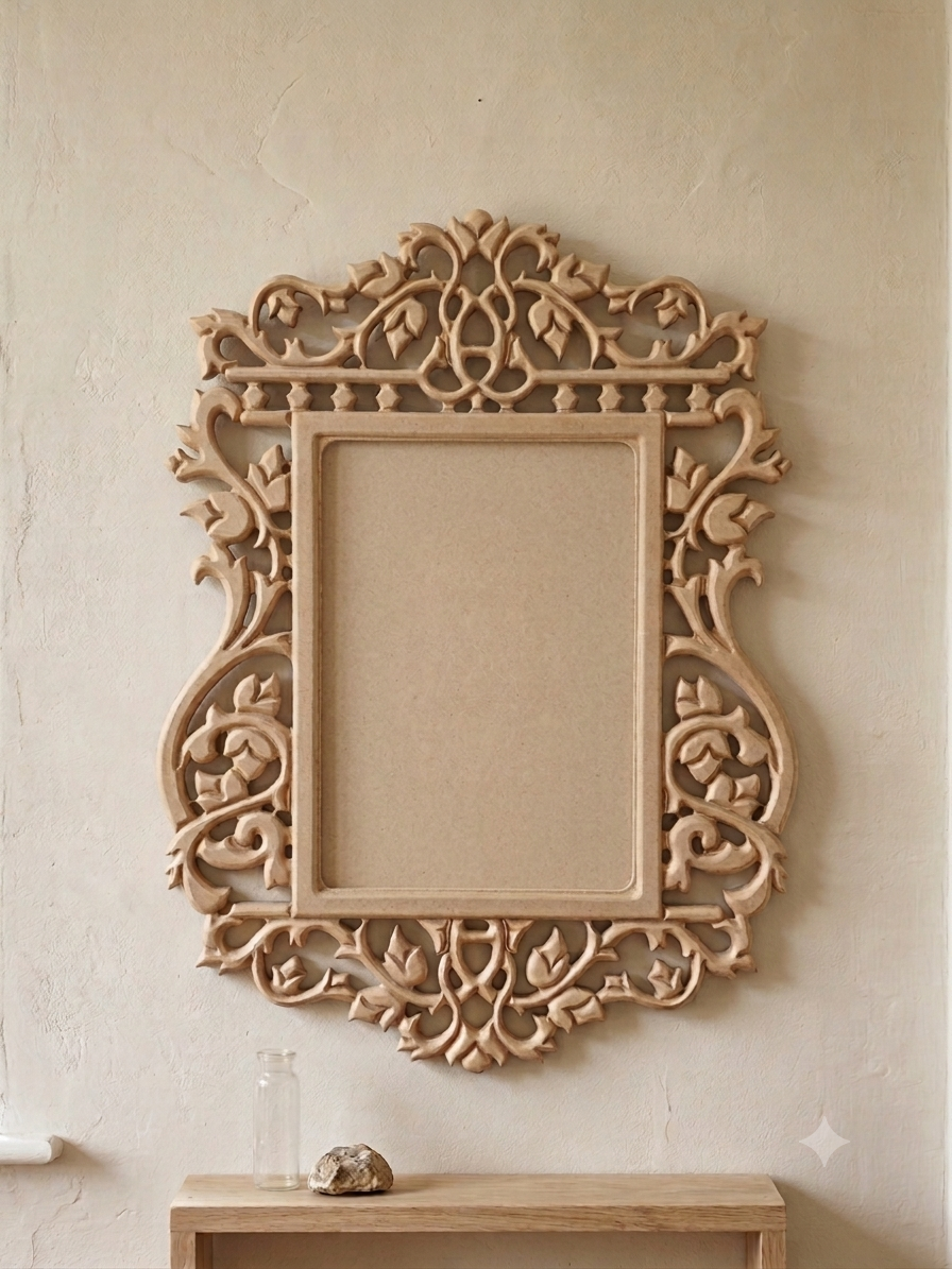 Raw MDF Size 16x23 Inches (Without Mirror & Without Paint) Unpainted Wooden Carved Mirror/Photo Frame