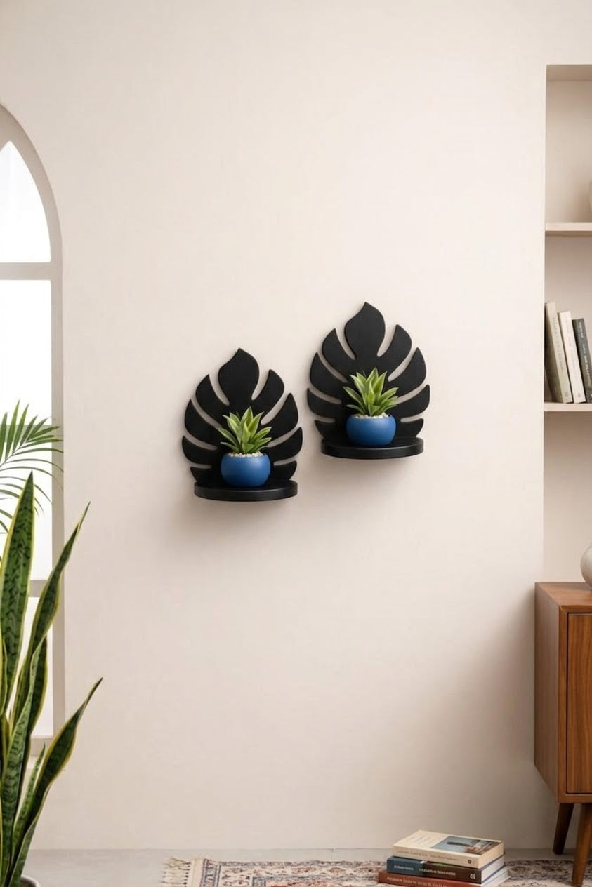 Modern Monstera Leaf Wall Shelf (10 x 12 Inch) - Decorative CNC Cut Floating Wall Decor Shelf in Black
